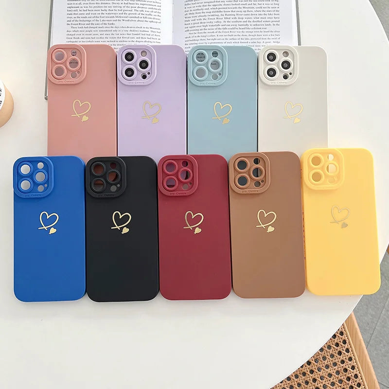 Ottwn Candy Color Silicone Phone Case For iPhone 15 Pro Max Plus Cute Love Heart Frame Soft Cover