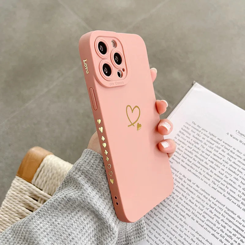 Ottwn Candy Color Silicone Phone Case For iPhone 15 Pro Max Plus Cute Love Heart Frame Soft Cover