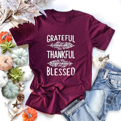 Grateful Thankful Blessed Feather Print Tee