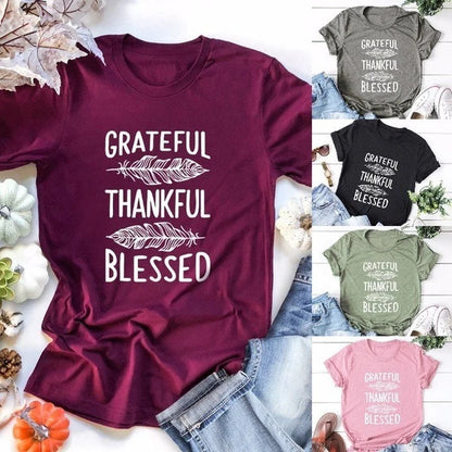 Grateful Thankful Blessed Feather Print Tee