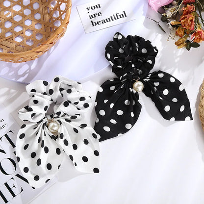 New Chiffon Bowknot Silk Hair Scrunchies Women Pearl Ponytail Holder Hair Ties Hair Rope Rubber Bands Headwear Hair Accessories