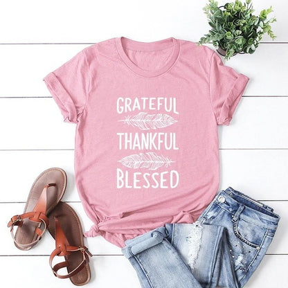 Grateful Thankful Blessed Feather Print Tee