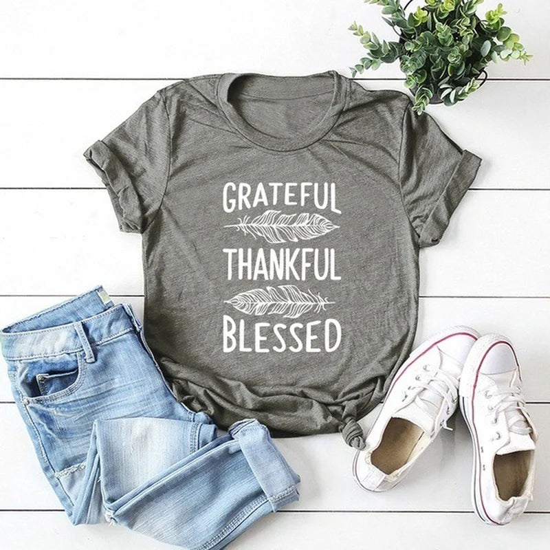 Grateful Thankful Blessed Feather Print Tee