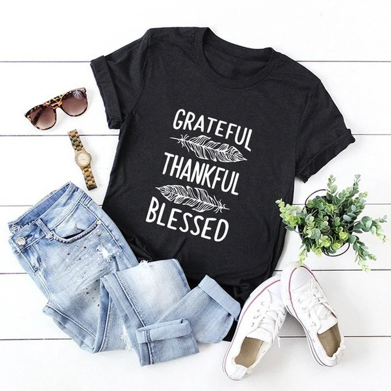 Grateful Thankful Blessed Feather Print Tee